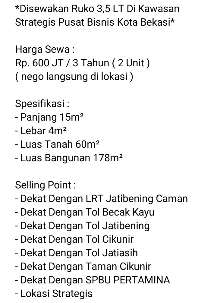 Sewa Ruko Baru Per 3 Tahun Dikawasan Pusat Bisnis dan Bebas Banj