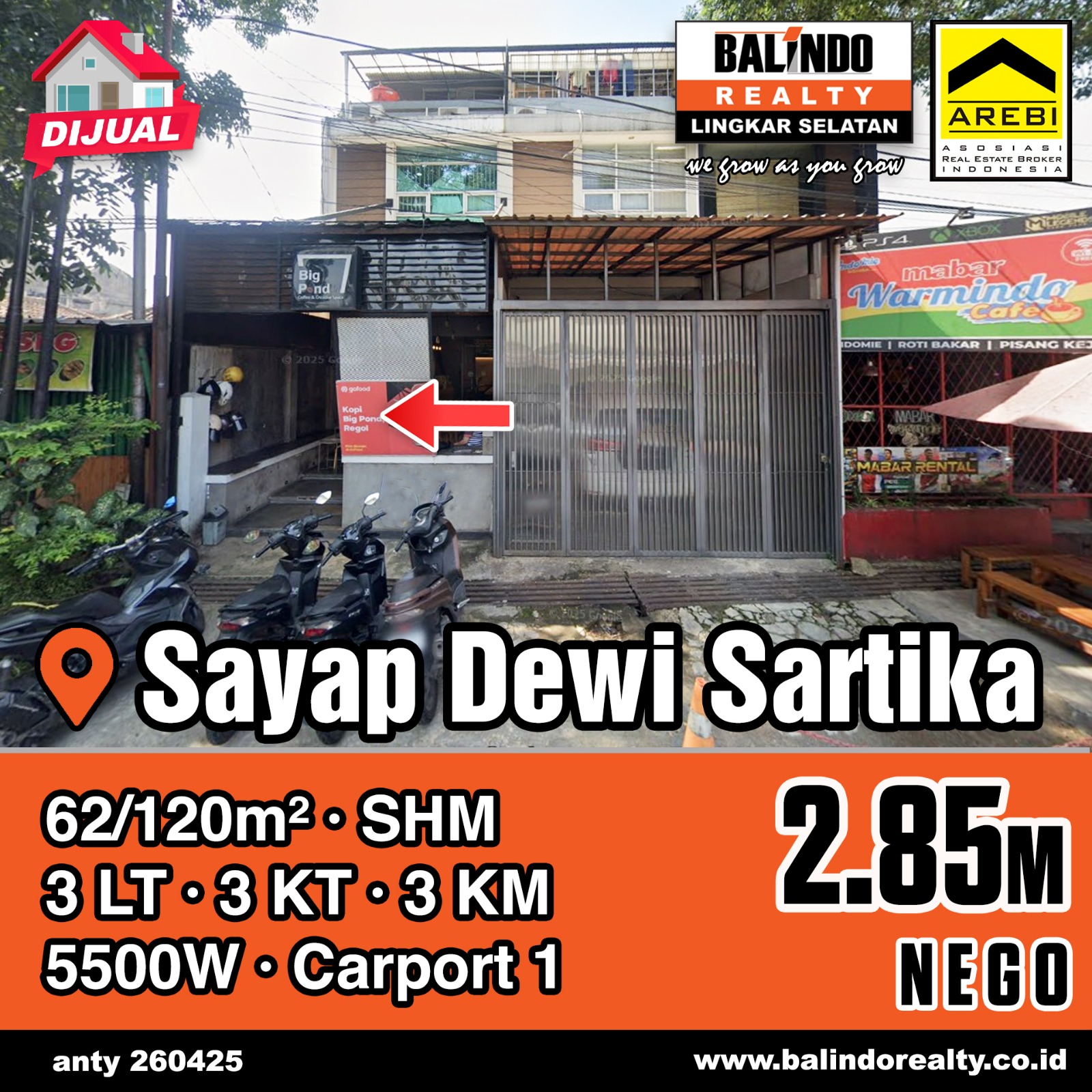 Dijual Ruko 3 Lt Tengah Kota Kawasan Ramai di Sayap Dewi Sartika