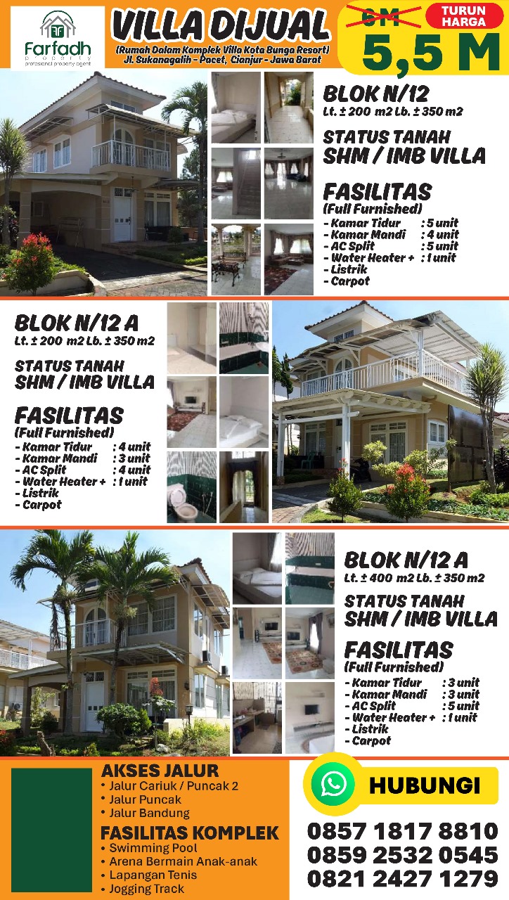 DIJUAL CEPAT 3 VILLA (Rumah Dalam Komplek Villa Kota Bunga CIANJ