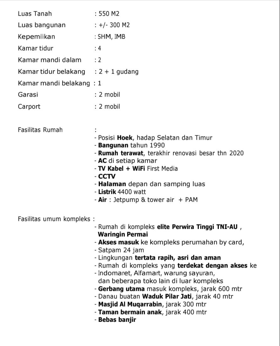 RUMAH DI KOMPLEK TNI AU WARINGIN PERMAI JAKARTA TIMUR