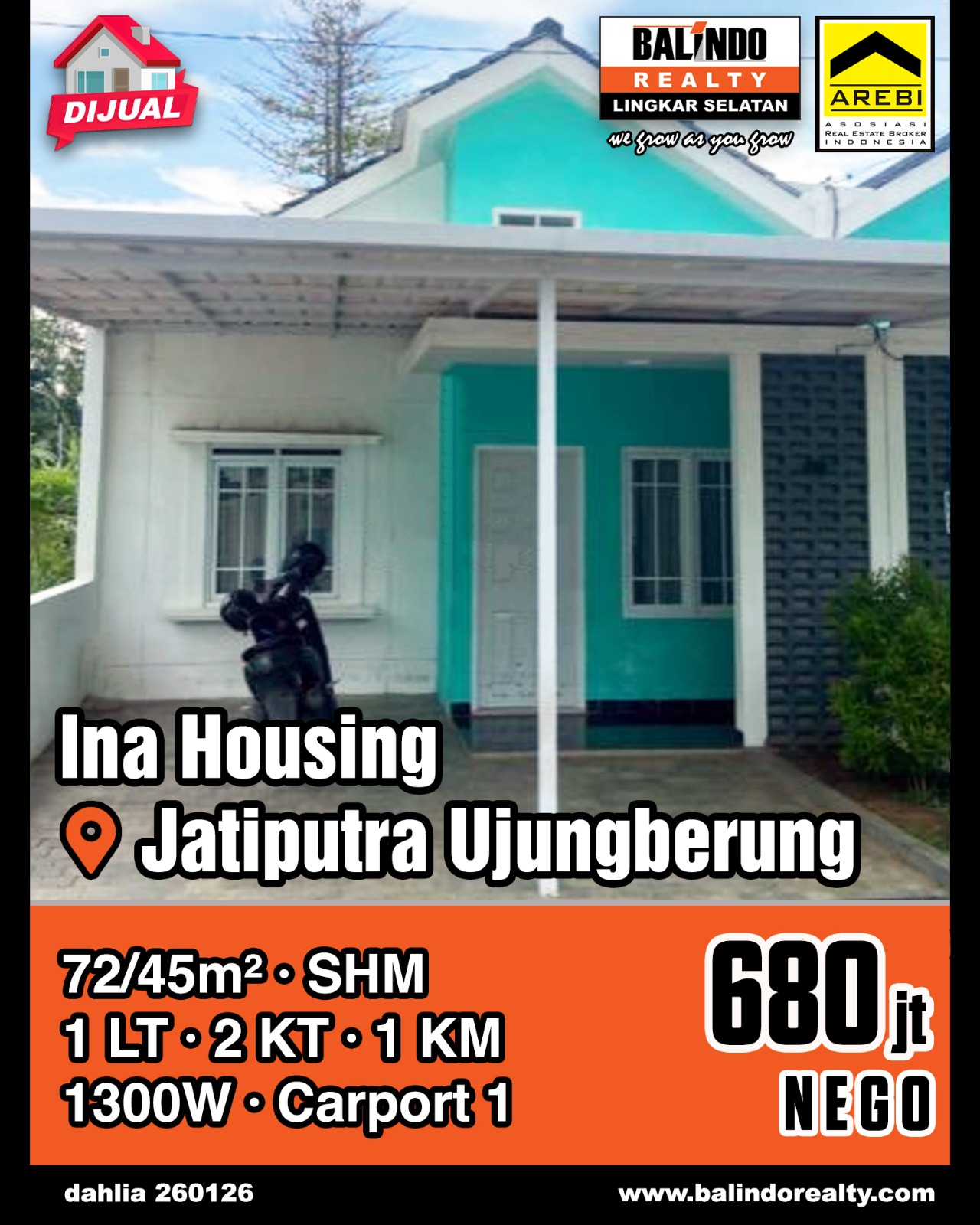 Dijual Rumah 1 Lantai di Ina Housing Jatiputra