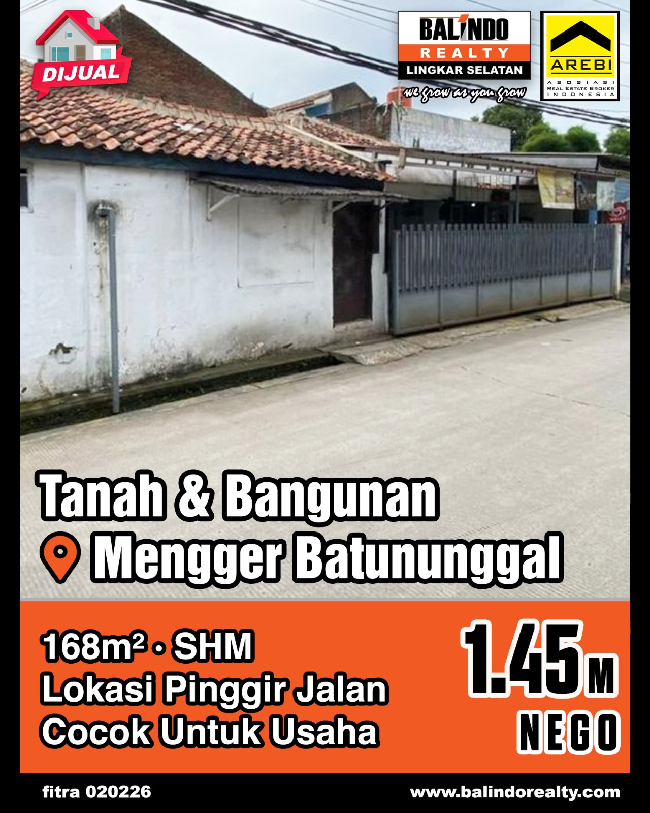 Dijual Tanah & Bangunan Cocok Untuk Usaha di Mengger Batununggal