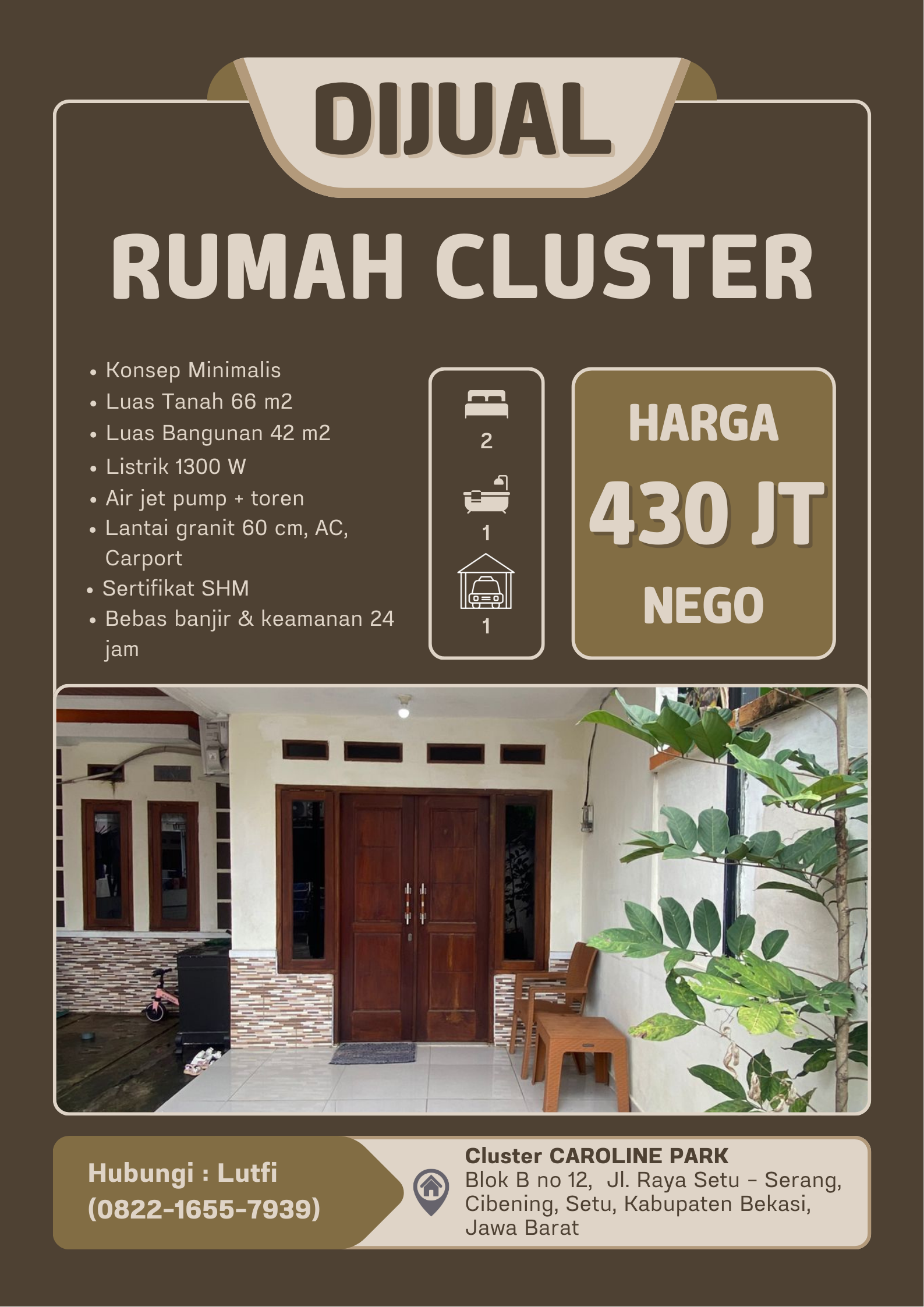 DIJUAL CEPAT/URGENT RUMAH CLUSTER SETU BEKASI – 430 JT NEGO