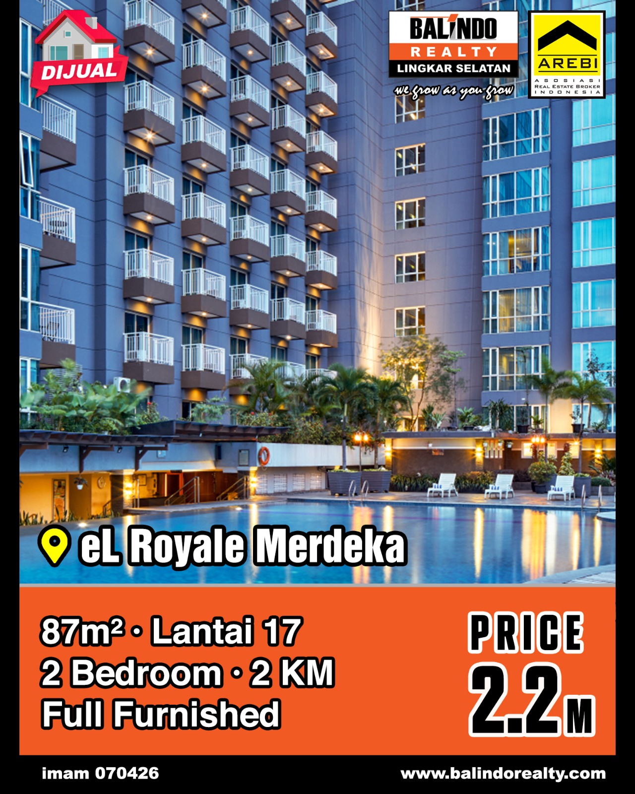 Dijual Apartemen Lantai 17 Full Furnished di EL Royale Merdeka
